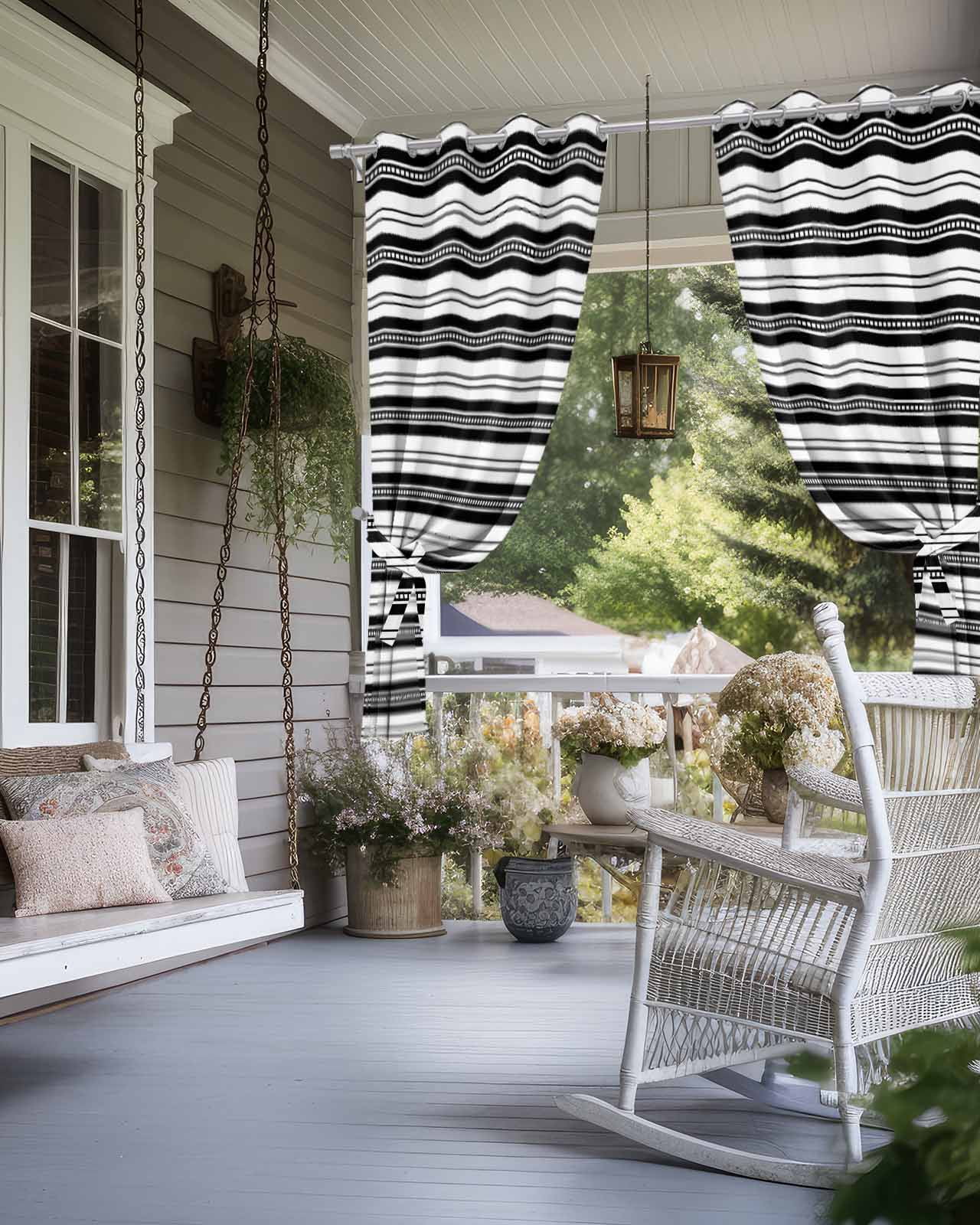 nqOlkjepod Outdoor Curtains for Patio Waterproof, Boho Black Stripe Outdoor Privacy Panels Grommet, Abstract Geometric White Minimalist Blackout Outside Curtains for Porch/Cabana 54"x95", 1 Panel
