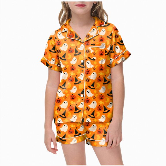 Xyant Halloween Pajamas Girls Pumpkin Ghost 2 Piece Sleepwear Short Sleeve Jammies for Kids Button-Down Pjs Set Nightwear Girl Toddler Pajamas,Size 10-11 Years