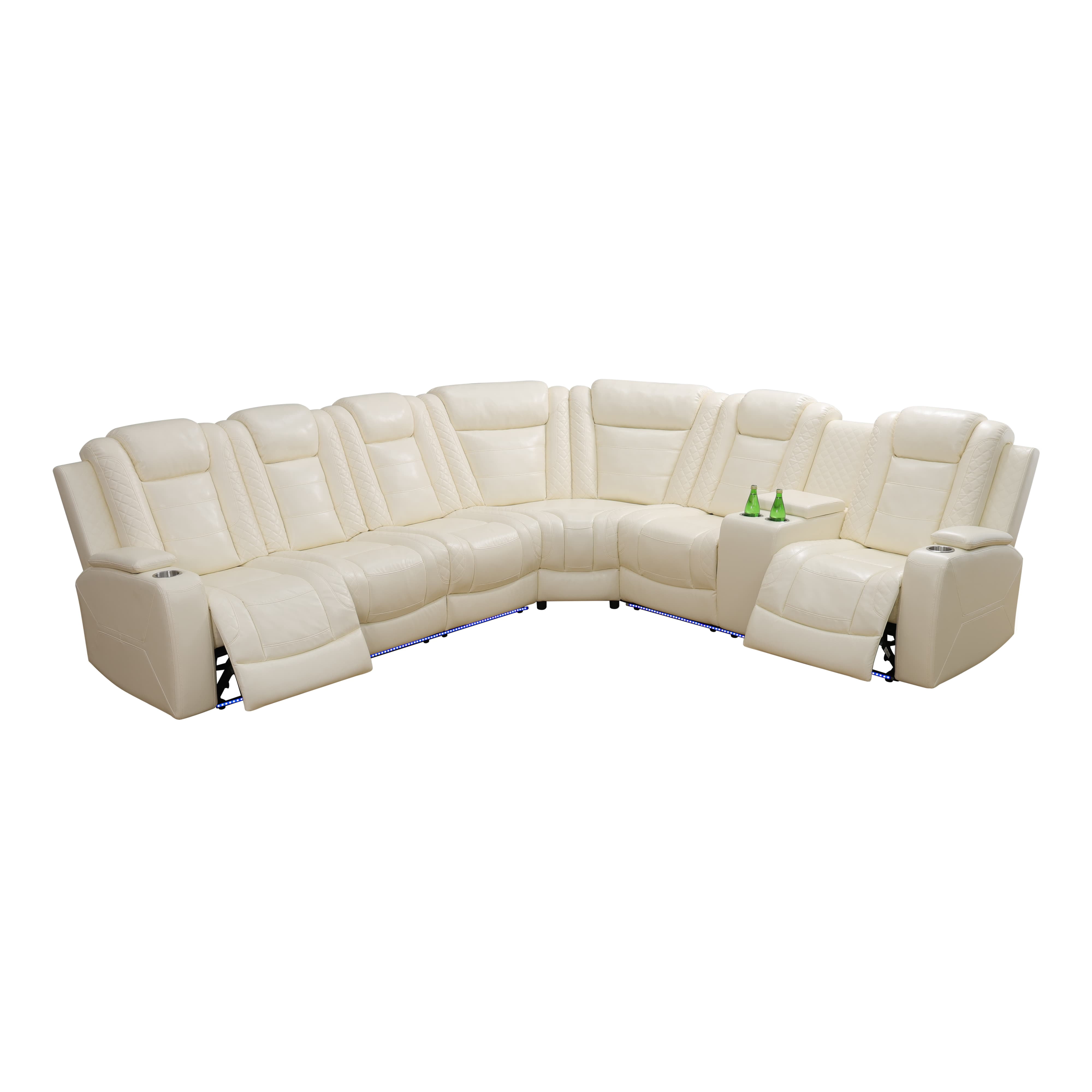 MAYEERTY 6-Seater Recliner Sofa Set, Intelligent Leather Recliner with Wireless Charger, LED & Storage, for Living Room & Home Theater, Off-White