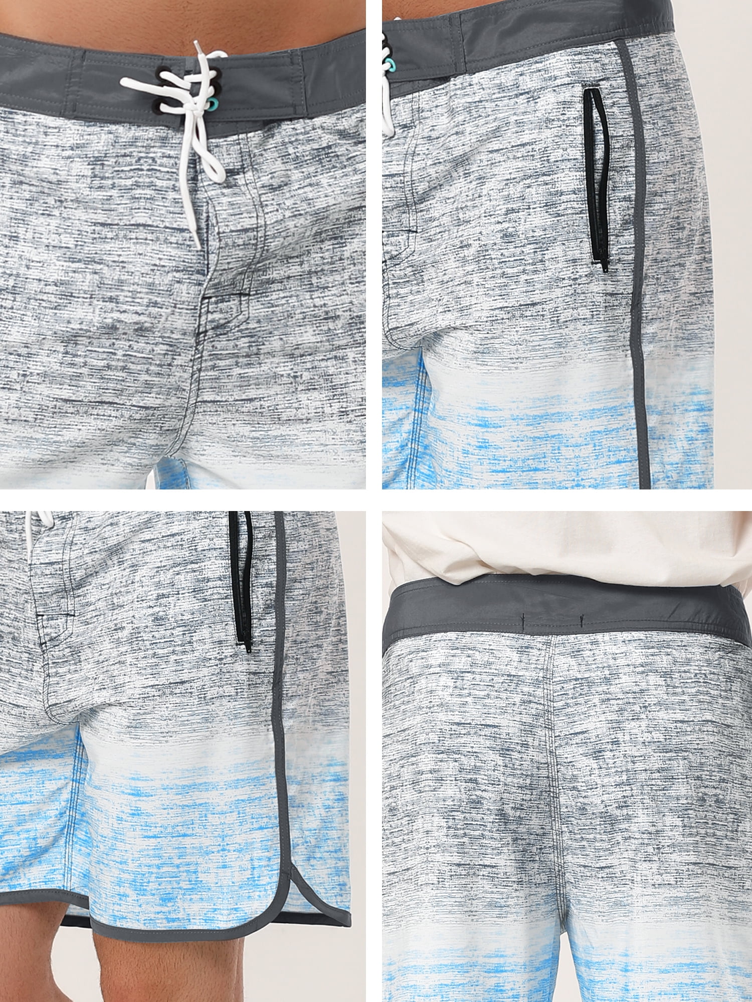 Unique Bargains Men's Summer Printed Drawstring Color Block Swim Beach Shorts 36 Gray Blue