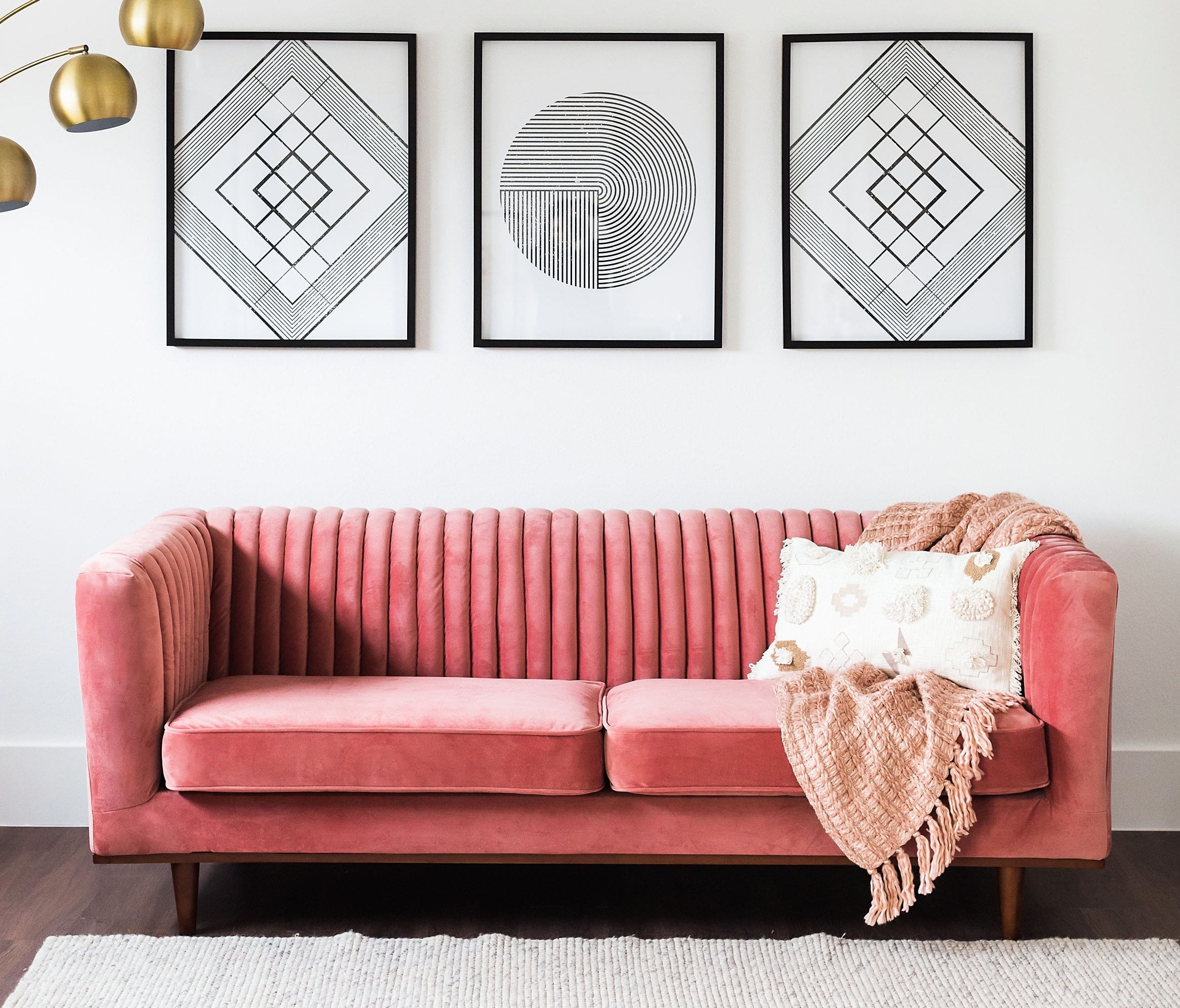 Laurel Velvet Sofa, Blush Pink Velvet