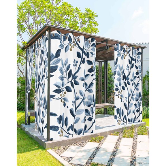 nqOlkjepod Outdoor Curtains for Patio Waterproof, Navy Blue Botanical Outdoor Privacy Panels Grommet, Summer Spring Leaves Blackout Outside Curtains for Porch/Cabana/Pergola 54"x108", 2 Panels