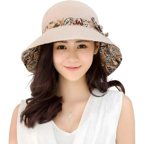 Women Bohemian Reversible Floral Cotton Sun Hat Wide Brim Outdoor Bucket Hats UV Protection