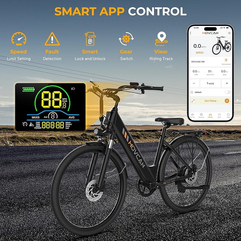 V80 Movcan  Electric Bike, 1000W Motor 28MPH Ebike, 48V 13Ah Removeable Battery, 26''  Cruiser Adult Electric Bicycles up to 70 Miles