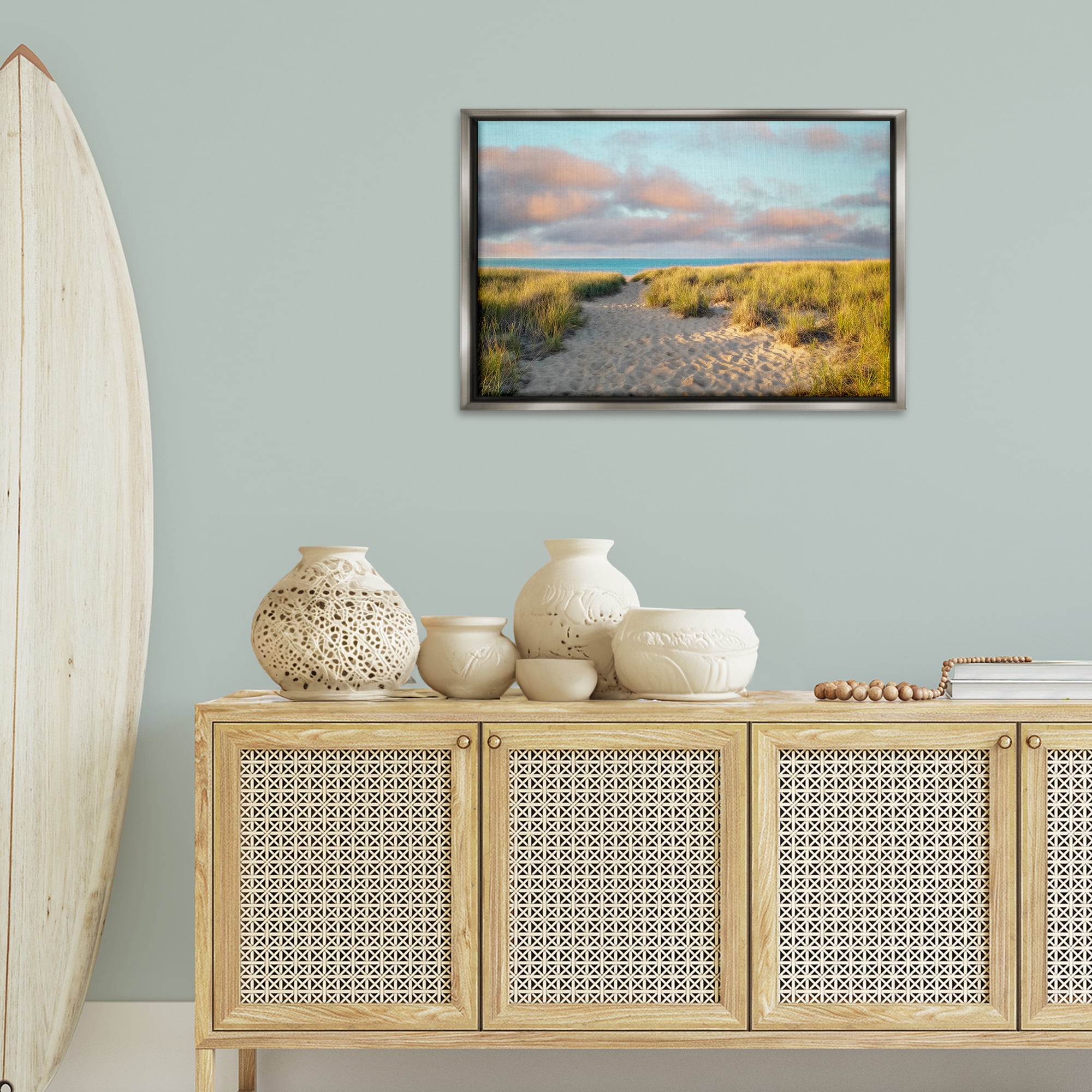 Stupell Industries Beachy Footprints Path Landscape & Nature Photography Gray Floater Framed Canvas Art Print Wall Art, 31 x 21