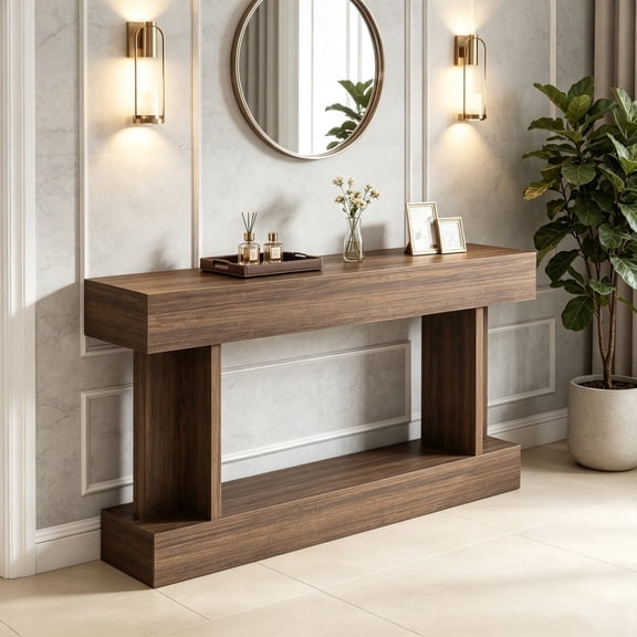 63" Long Console Table, Vintage Narrow Entryway Table with Storage Shelf for Living Room Hallway, Brown