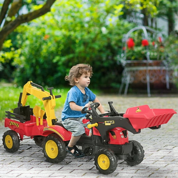 Aosom 3 in1 Kids Ride On Bulldozer, Excavator Toy with 6 Wheels, Controllable Cargo Trailer and Easy Pedal Controls for 3-6 Years