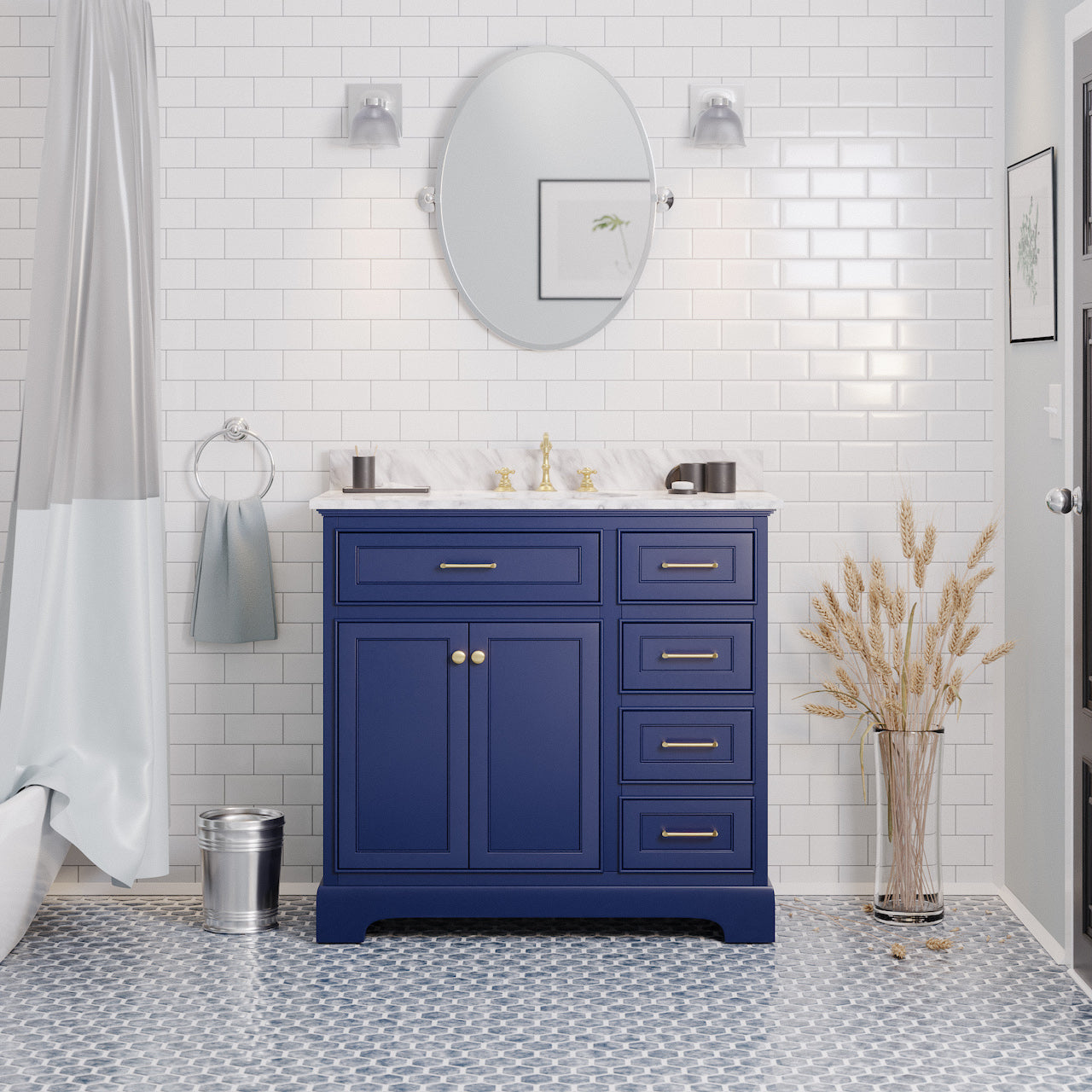 Aria 36" Bathroom Vanity with Royal Blue Cabinet and Carrara Marble Top ...