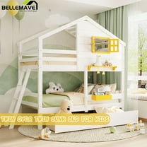 Bellemave Twin Over Twin House Bunk Bed with 2 Drawers,1 Storage Box and 1 Shelf,Window and Roof,Wooden House Bunk Bed Frame ,White