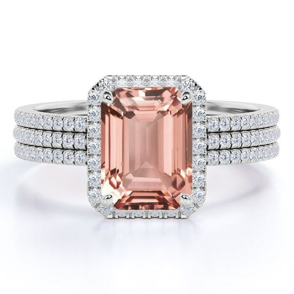 JeenMata Beautiful 1.75 Carat Emerald Cut created morganite and Moissanite Trio Wedding Ring Set in White Gold