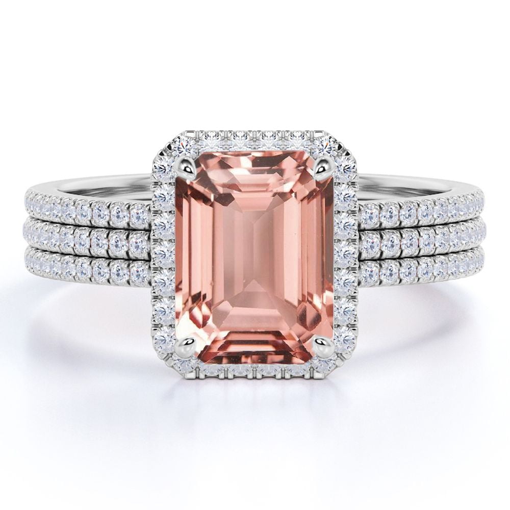 JeenMata Beautiful 1.75 Carat Emerald Cut created morganite and Moissanite Trio Wedding Ring Set in White Gold