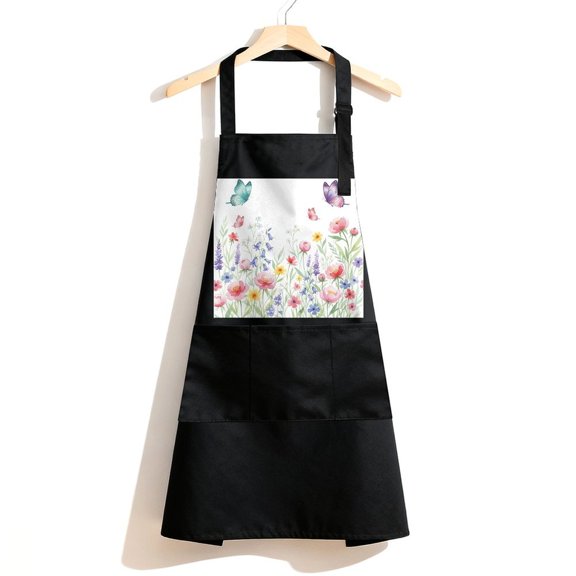RKSupls Waterproof Bib Apron with 3 Pockets, Lavender Dandelion Butterfly Adjustable Neck Strap Soft 100% Polyester Water Resistant Apron for Kitchen Restaurant Home Use