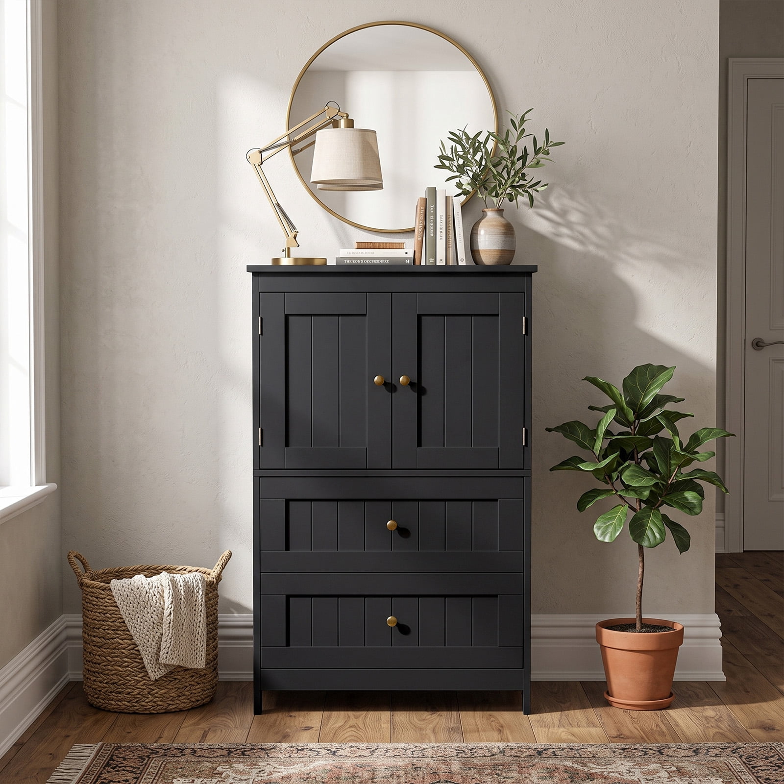 2-Drawer 2-Door Vertical MDF Bathroom Cabinet, Black, 23.62 x 11.81 x 43.31 in