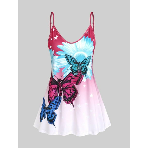 Tank Top de Talla Extra con Estampado de Flores y Mariposas Rosegal Camisetas sin mangas de talla grande