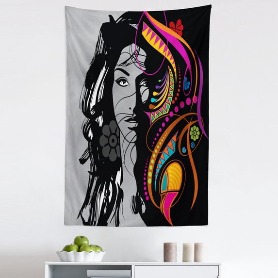 Youth Tapestry, Woman with Black Hair Floral and Geometric Ornaments Glamor Femininity, Fabric Wall Hanging Decor for Bedroom Living Room Dorm, 5 Sizes, Multicolor, by Ambesonne
