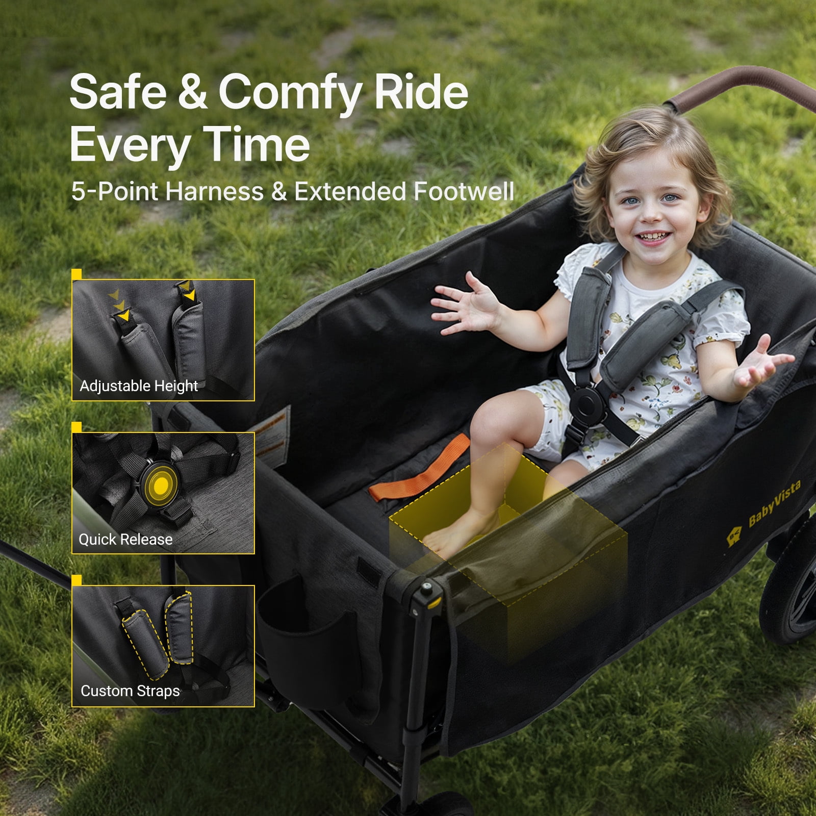 BabyVista Wagon Stroller All-Terrain for 2 Kids with Canopy, Parents Organizer, Adjustable Handlebar, Compact Foldable Baby Stroller Collapsible Toddler Stroller