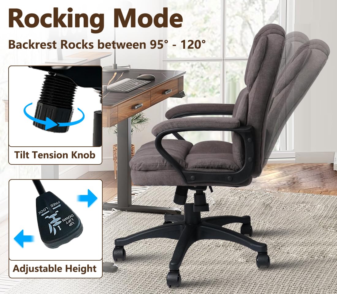 CLATINA Brown Ergonomic Cloth Office Chair Fabric with Arms and Wheels, Upholstered Swivel Rolling Adjustable Height Thicked Padding Home Desk Chairs Mid Back, 350 LBS