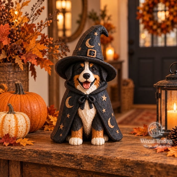 Wooden Block 3 Layer Halloween Witch Dog Figurine, Spooky Tabletop Accent for Pet Lovers