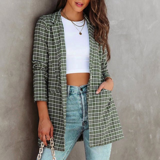 Puntoco - Camisa a cuadros de manga larga para mujer, informal, con estampado a cuadros, de manga larga, con cuello en V Puntoco Puntoco-6129