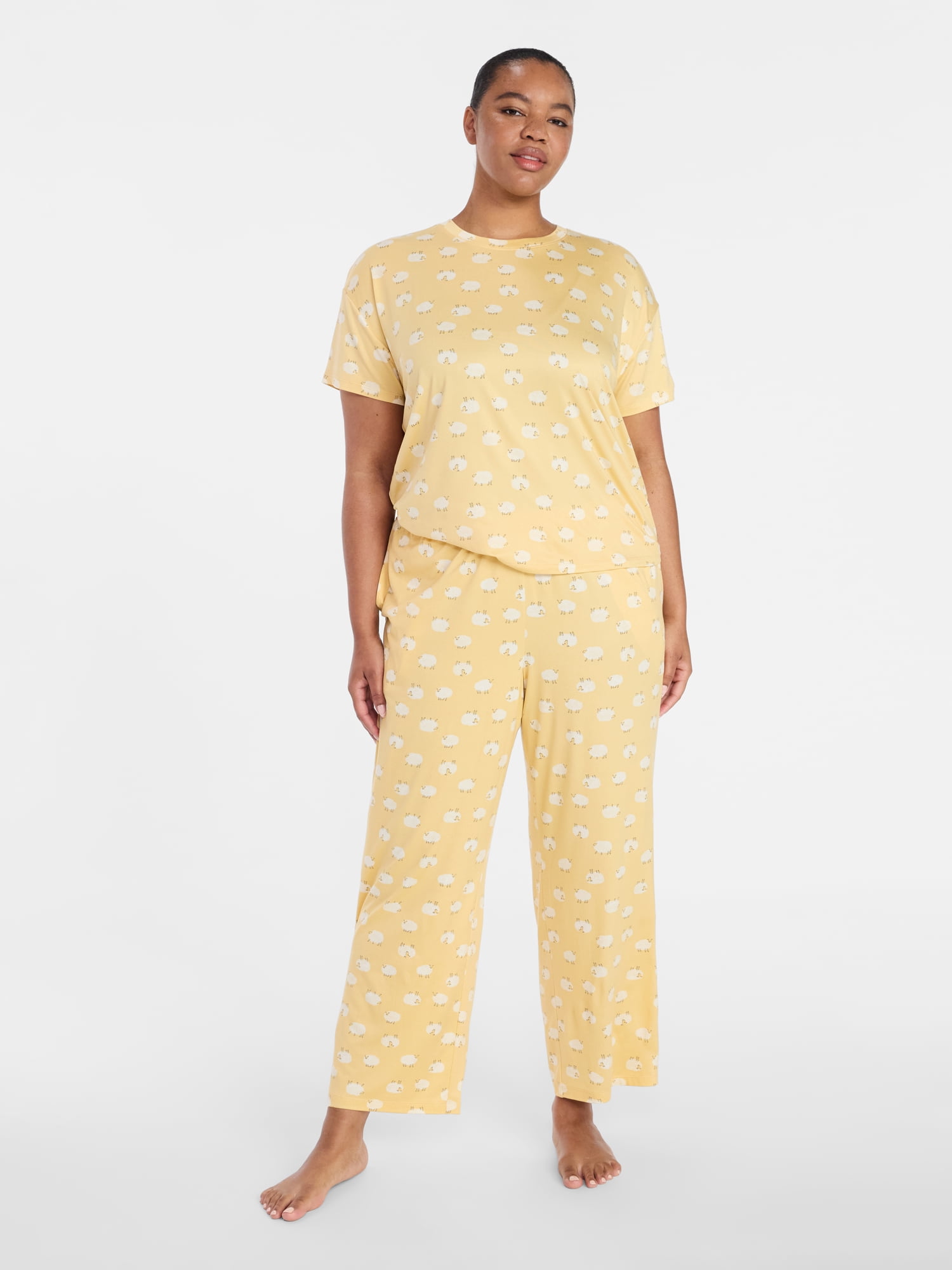 Joyspun Women's Dreamy Soft Collection Short Sleeve Sleep Top and Open Leg Pants Pajama Set, 2-Piece, Sizes XS-3X