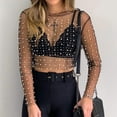 thumbnail image 2 of HSHDLDF Women Long Sleeve Sheer Mesh Crop Top Pearls Rhinestone Cover Up Shirt Blouse, 2 of 5