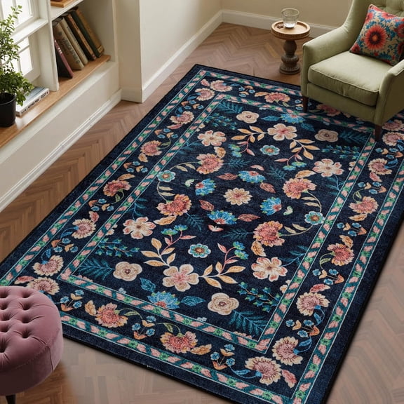 4x6 Machine Washable Rugs Blue Hallway Area Rug Indoor Accent Rug Floral Low Pile Carpet Soft Throw Rug Bedroom Living Room Office Dining Room Kitchen Laundry Room Non Slip