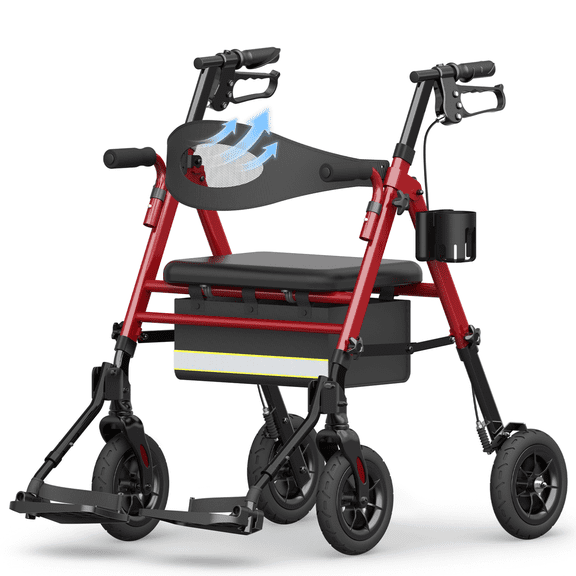 Specared 2 in 1 Rollator Walker Transport Chair with Ultra-Wide 6.5" Breathable Backrest, 8" All-Terrain Foldable Walker, Max 350lbs Red
