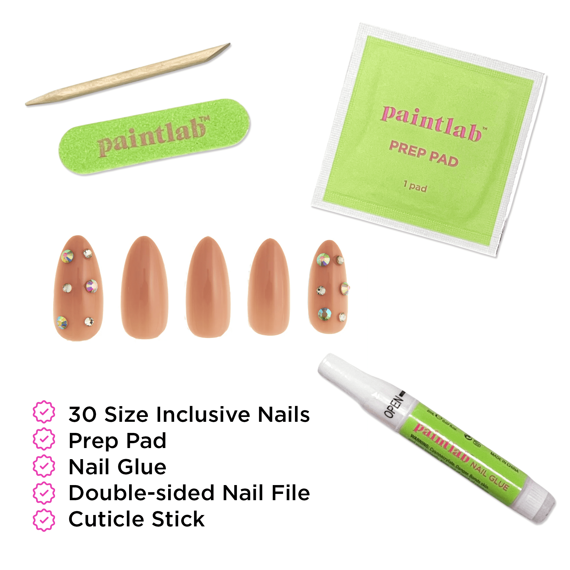 PaintLab Medium Almond Press On Nails 3D, Nude Diamonds, 30 Count