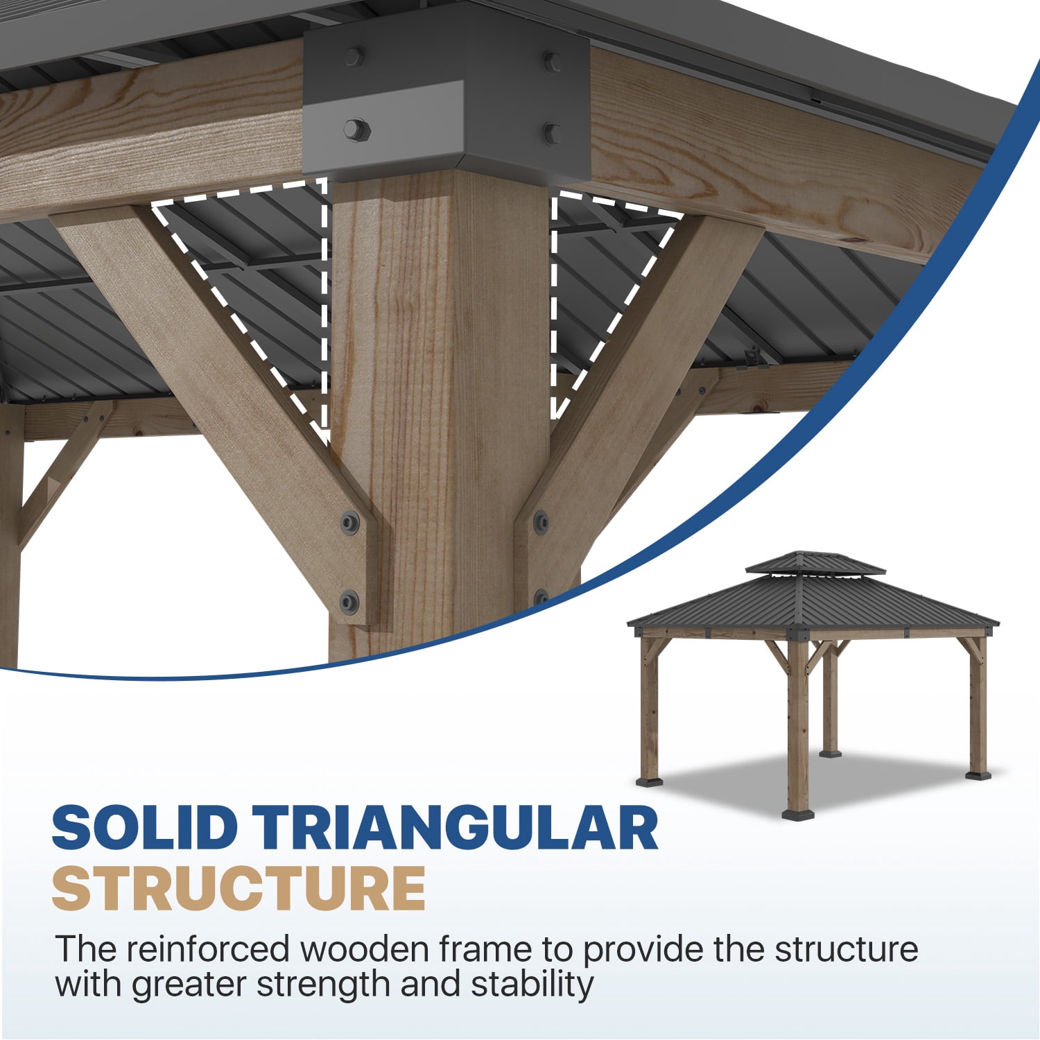 BaPiPro 12x10FT Double Roof Wooden Hardtop Gazebo, Natural Wood Finish, for Patio, Garden and Backyard