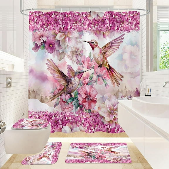 4 Pcs HummingBird Floral Shower Curtain Set with Toilet Lid Cover and Rugs, Green Glitter Bling Bathroom Decor Set with Shower Curtain and Rugs and Accessories