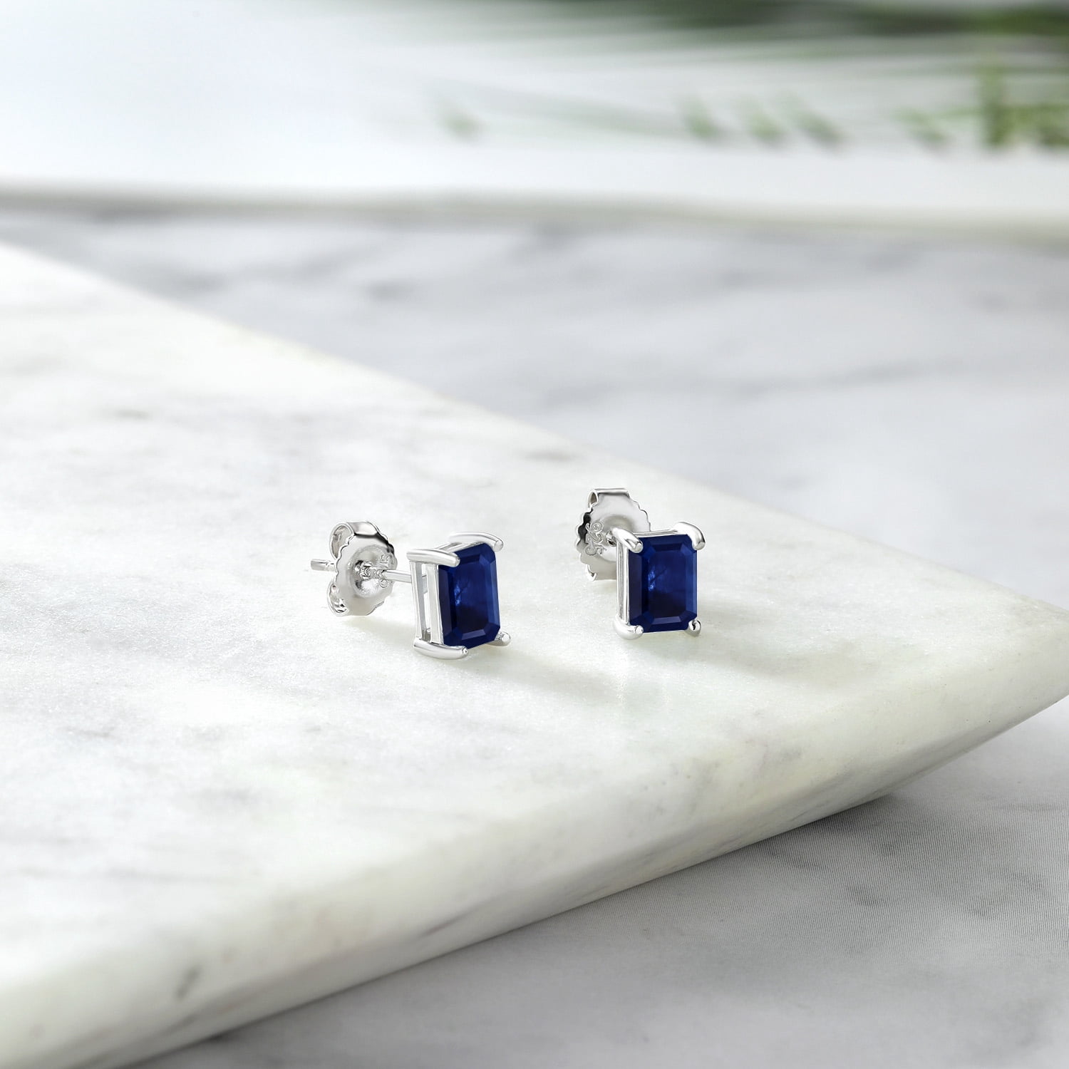 Gem Stone King 925 Sterling Silver Blue Sapphire Stud Earrings for Women Men (3.12 Cttw, Gemstone Birthstone, Emerald Cut 7X5MM)
