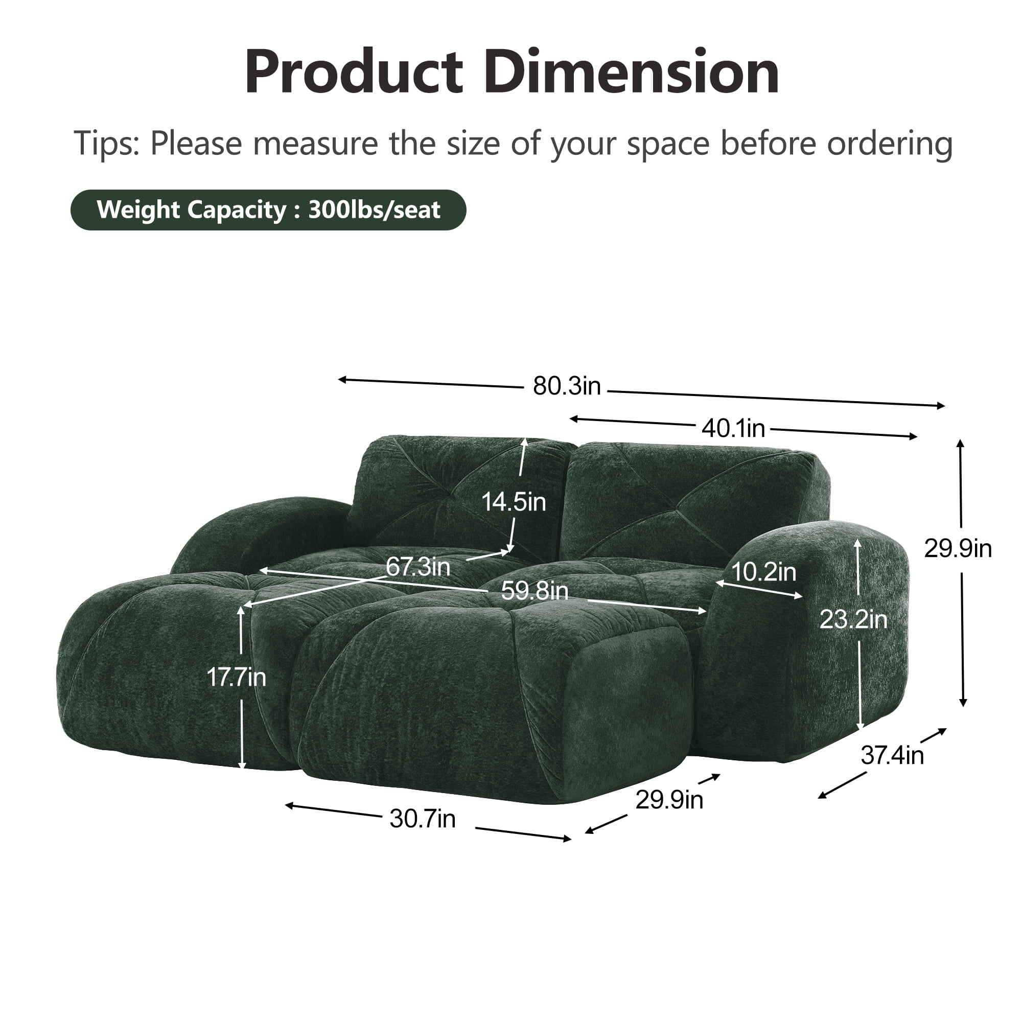 Aukfa 80" Velvet Modular Sectional Sofa, 4-Piece Boneless Living Room Couch with 2 Ottomans, Green