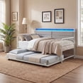 thumbnail image 2 of ELLEGNT Trundle Daybed with LED Lights and Charging Station - Upholstered Storage Headboard for Bedroom or Office, White, 2 of 9