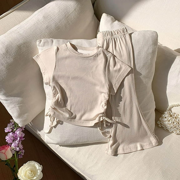 WQQZJJ Summer Casual Girls Clothing, Solid Color Cotton Comfortable Set, Crew Neck Tie Short Sleeve T-Shirt Flared Pants Fashion Two Piece Set