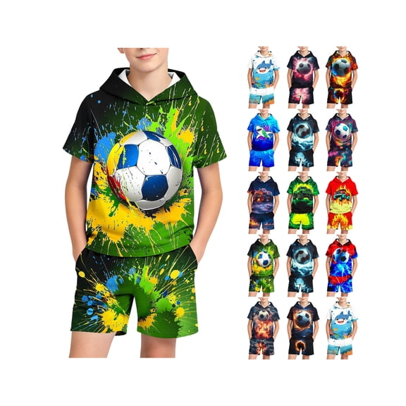 WAVSUF Boys Outfit Sets 2 Piece Hooded T-Shirt and Shorts with Pockets Football Print Short Sleeve Crew Neck Summer Casual Trendy Clothes Green Size 7