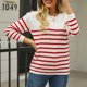 thumbnail image 2 of Jersey de cuello redondo para mujer cómodo suéter de punto a rayas de manga larga abrigo cálido elegante para otoño, 2 of 9