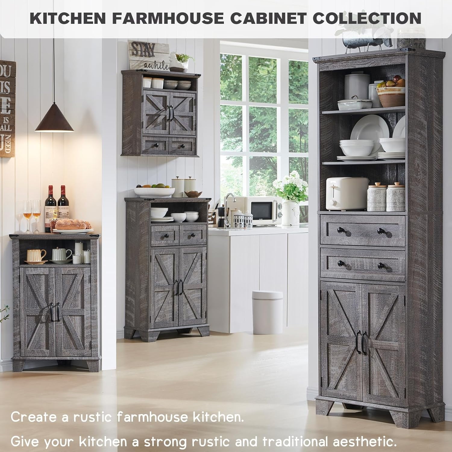 Garvee Bathroom Wall Cabinet, Farmhouse Medicine Cabinet, 24" Wide Cabinet with Drawer, Adjustable Shelf, Double Barn Doors, Storage Cabinet for Bathroom, Kitchen, Living Room Gray