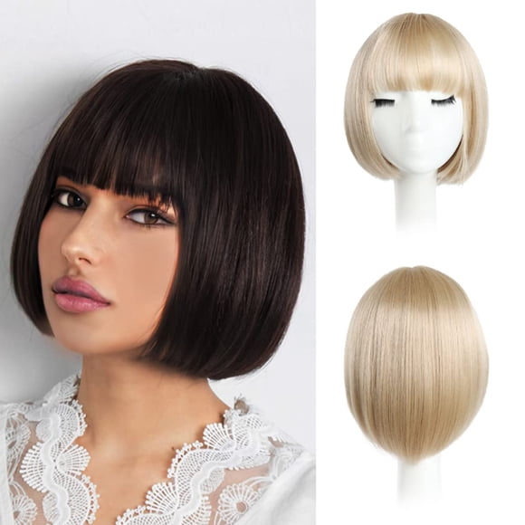 Short Blonde Bob Wigs, 10" Straight with Flat Bangs Synthetic Colorful Cosplay Daily Party Wig for Women Natural As Real Hair (Free Wig Cap)