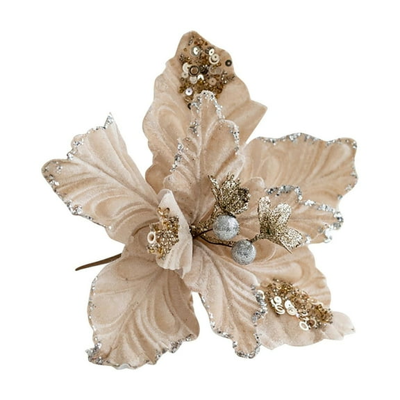 Premium Gold Champagne Velvet Glitter Poinsettia Artificial Christmas Flowers for Xmas Tree Decorations, Sparkling Fabric Art Festive Ornaments