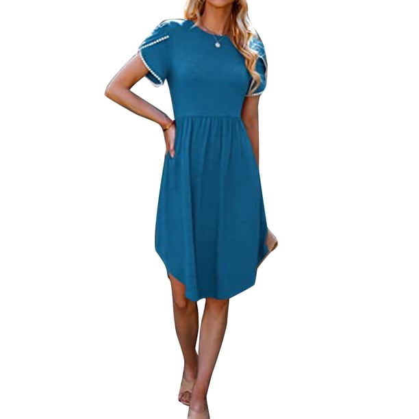 VISgogo Vestido casual para mujer Cuello redondo Split Manga corta Cintura alta Dobladillo curvo Vestidos de color sólido VISgogo moda
