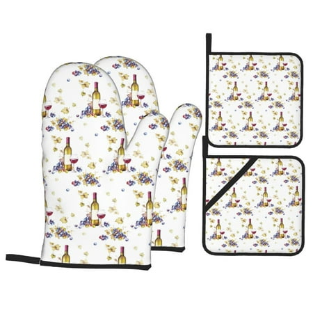 

Oven Mitts and Pot Holders 4 pcs Set Wine bottle Print No.J916 Heat Resistant Silicone Oven Mitts Pot Holders for Kitchen Baking Cooking Non-Slip Oven Gloves Hot Pads Potholders
