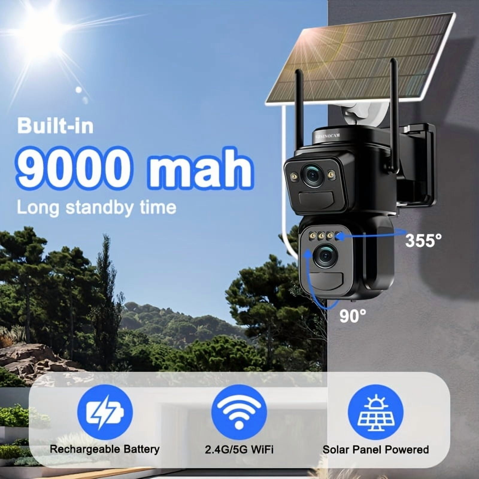 High Quality [10x Zoom] 360-degree Low-power CCTV Solar Panel Battery 2K WiFi Camera with Spotlight Alarm, Motion Detection, Color Night Vision, Two-way Audio
