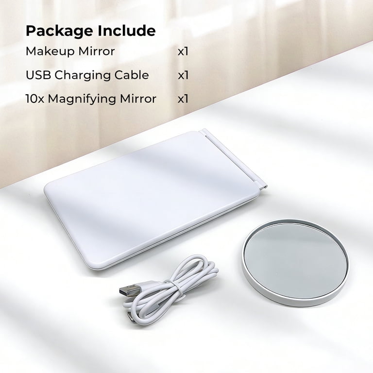 Folding Makeup Mirror, 72 LEDs, USB Rechargeable, White photo 2
