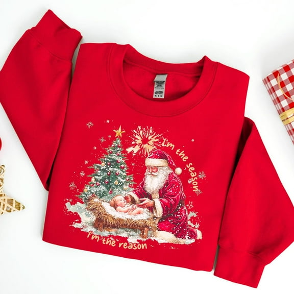 Religious Christmas Sweatshirt, Santa and Baby Jesus Sweater, “I’m the Reason I’m the Season” Shirt