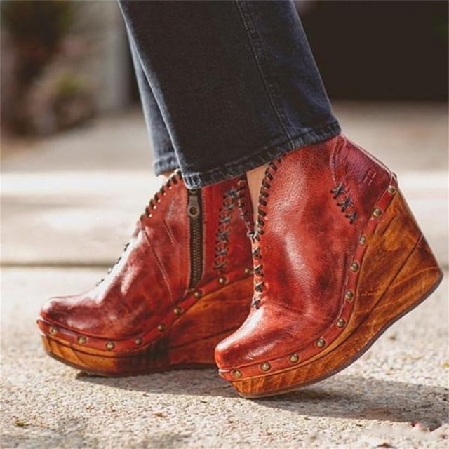 Short Boots Female Side Zipper Wedges Mid-heel Ladies Boots