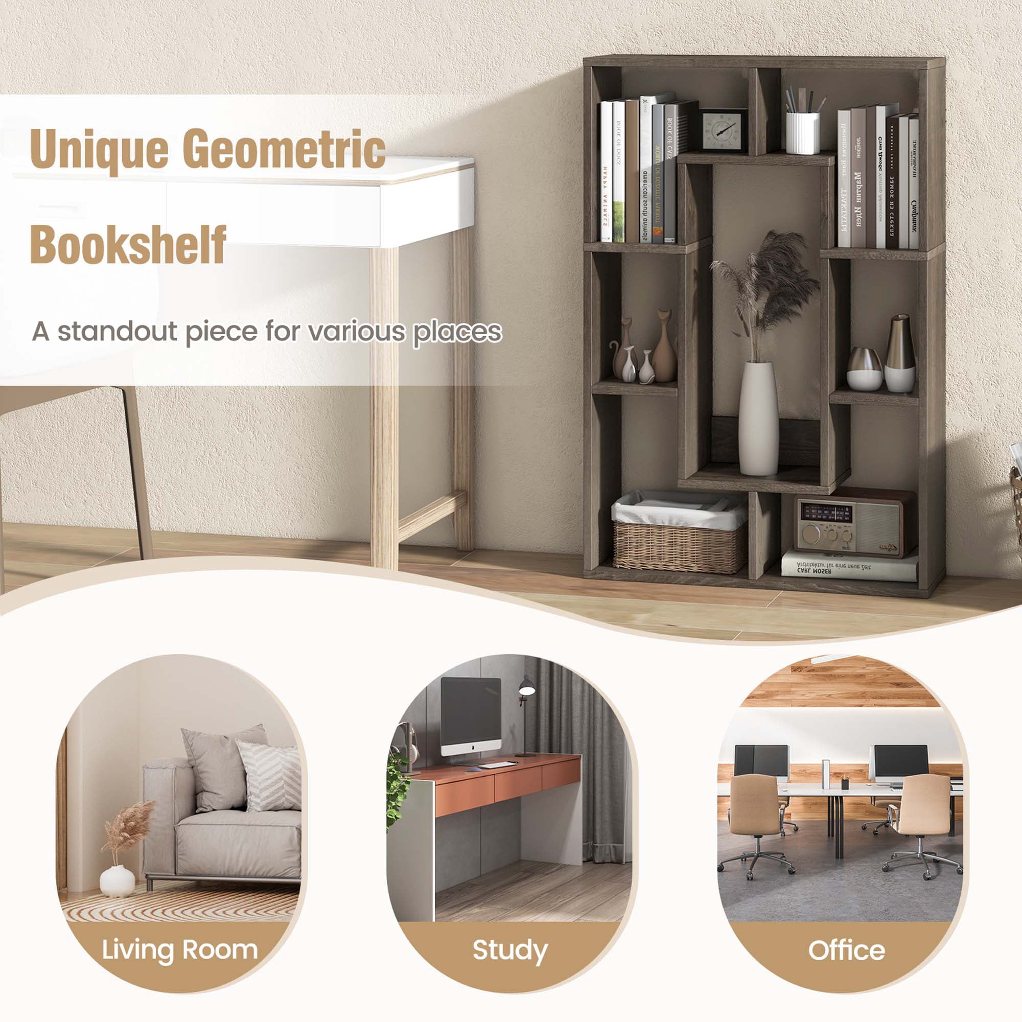 Costway 7-Cube Geometric Bookshelf with Anti-Toppling Device Modern Open Bookcase Grey