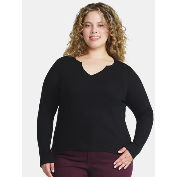 Terra & Sky Women's Plus Long Sleeve Notch Neck Top, Sizes 0X-5X