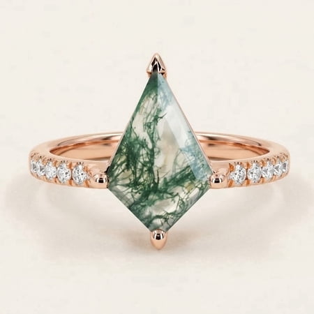 Kite Shape Moss Agate & Diamond Engagement Ring, Moss Agate Gemstone Ring, Anniversary for Her Wife, 925 Sterling Silver June Birthstone Handmade Ring