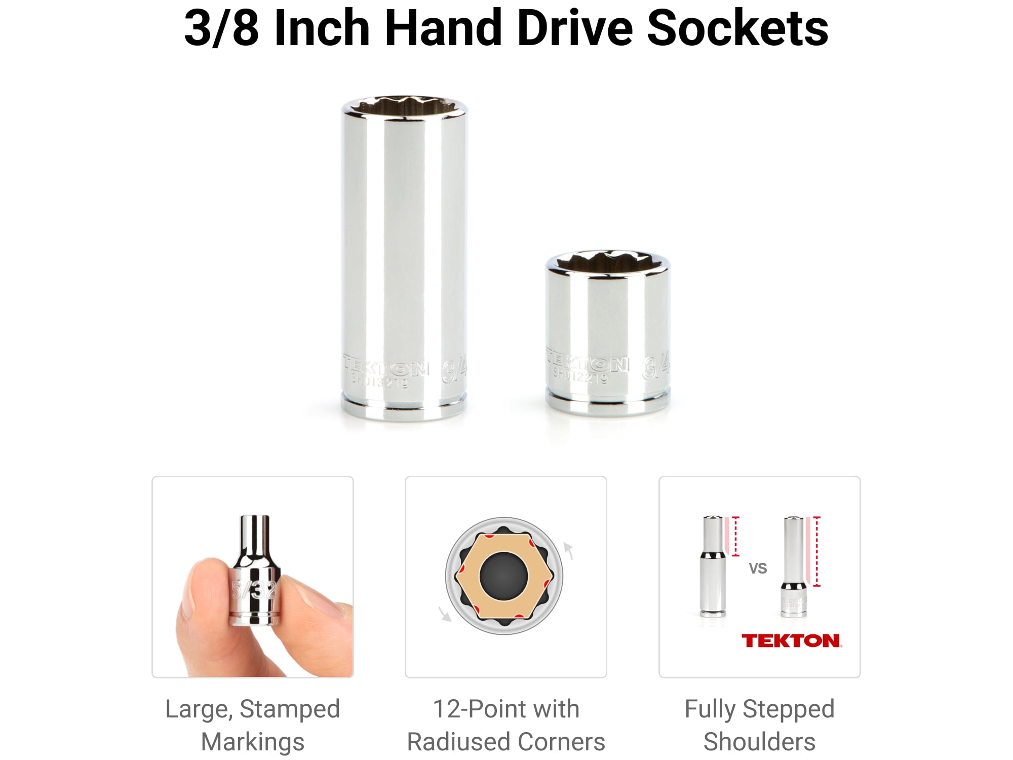 TEKTON 3/8 Inch Drive Shallow and Deep 12-Point Socket and Ratchet Set with Rails and Trays, 74-Piece (1/4 - 1 in., 6 - 24 mm) | SKT13302
