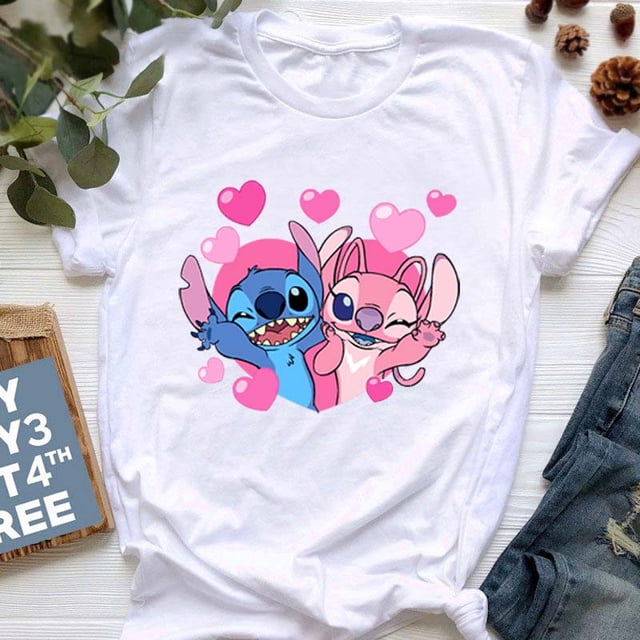 Kawaii Disney Lilo Stitch T Shirt Women Summer Tops Cartoon Stitch Heart Graphic Tees Cute Disney Anime T-shirt Female TshirtM Gao Jinjia LED